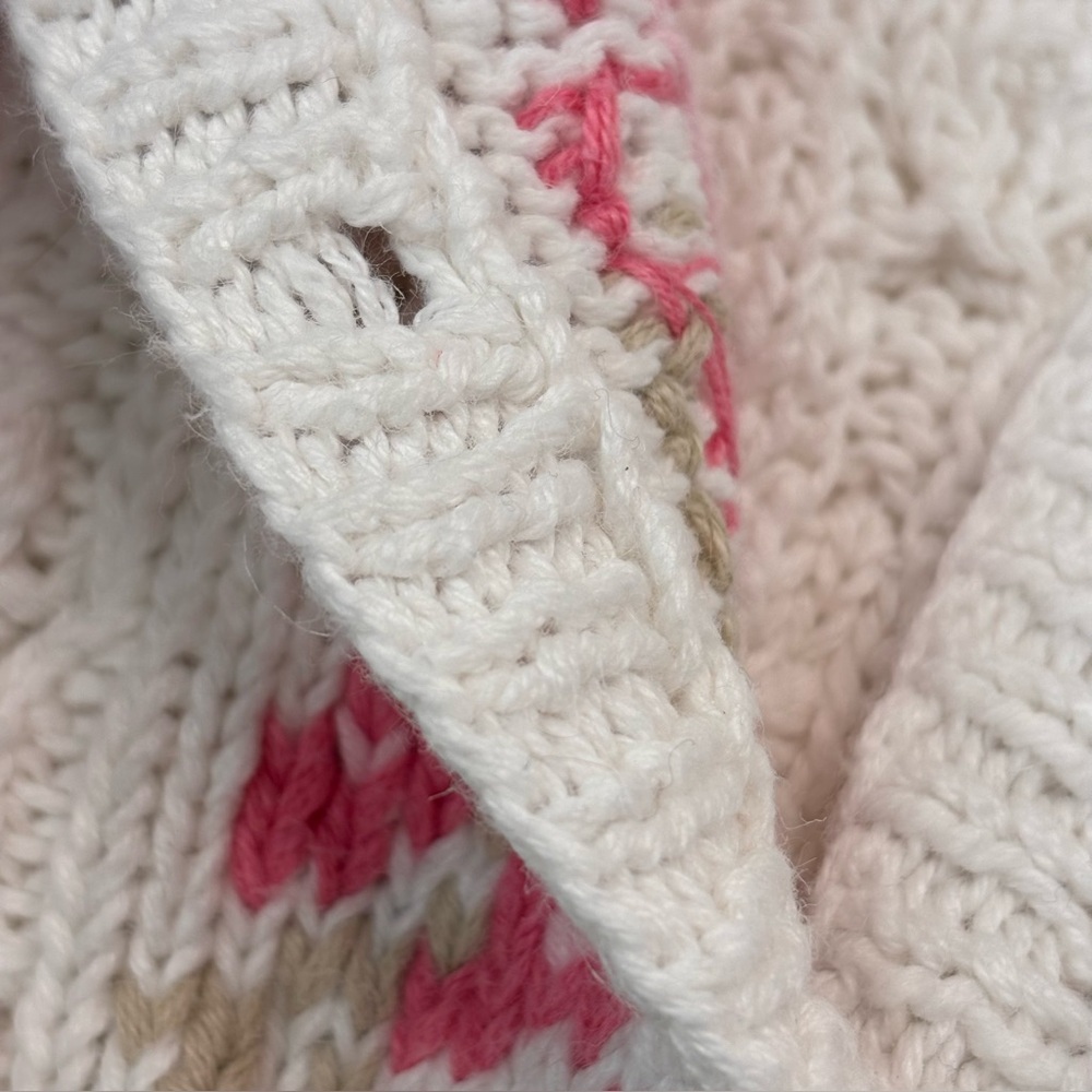 Vintage Cottage-core 80’s White Pink Floral Hand Knit Granny Cardigan Sweater - Picture 7 of 10